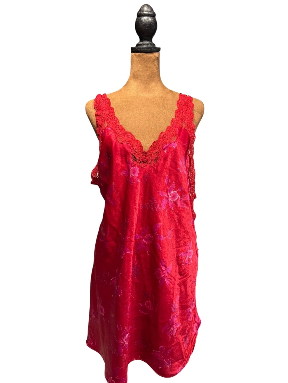 Vintage Inner Most Red Satin Floral Slip Dress with Lace Accent